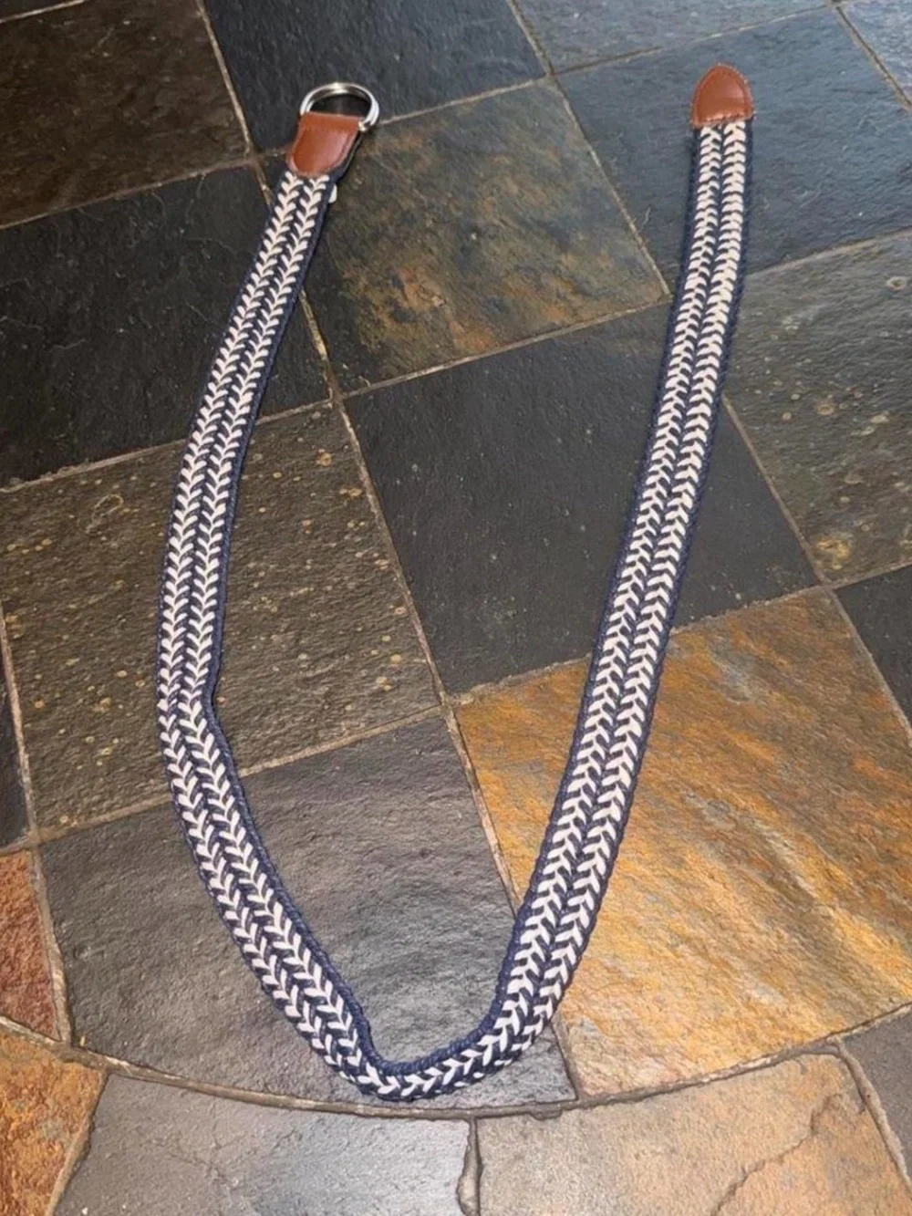 Woven Navy and White Braided Belt with Brown Leather Accents